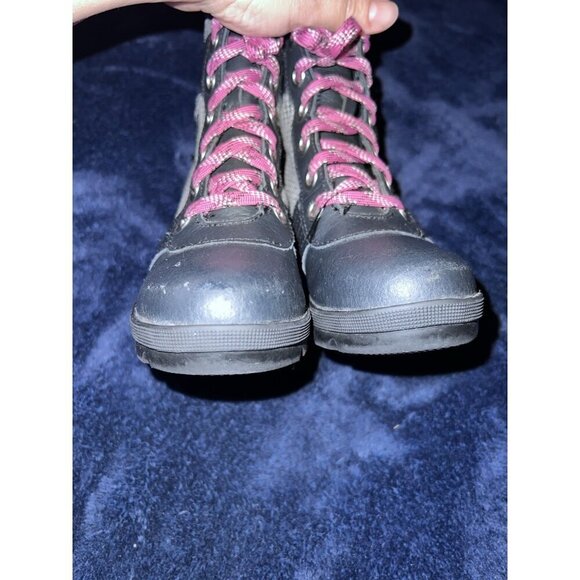 SOREL Girls Lexie Wedge Heel Boots Size 1 Black Checkered Leather Pink Laces - Picture 4 of 10